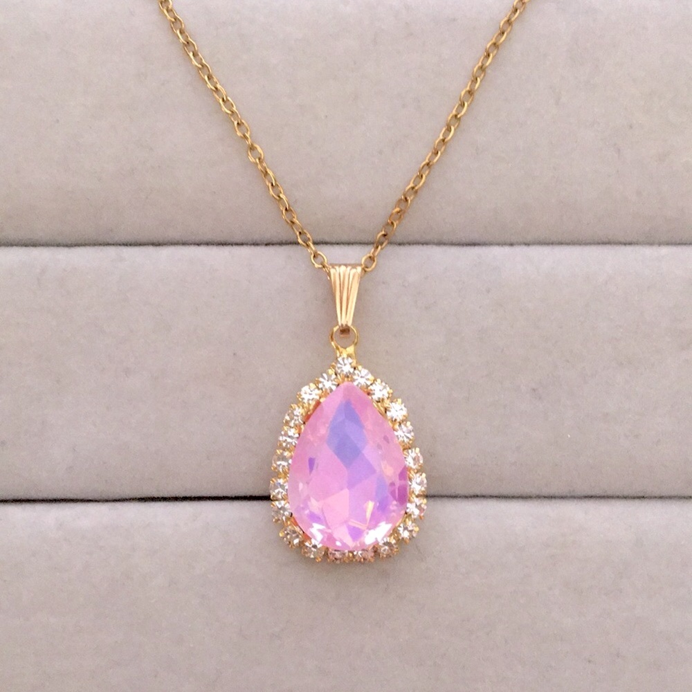 Lavender Pink Opal Aurora Borealis +Gold Crystal Halo Pear Drop Pendant Necklace - Picture 7 of 8